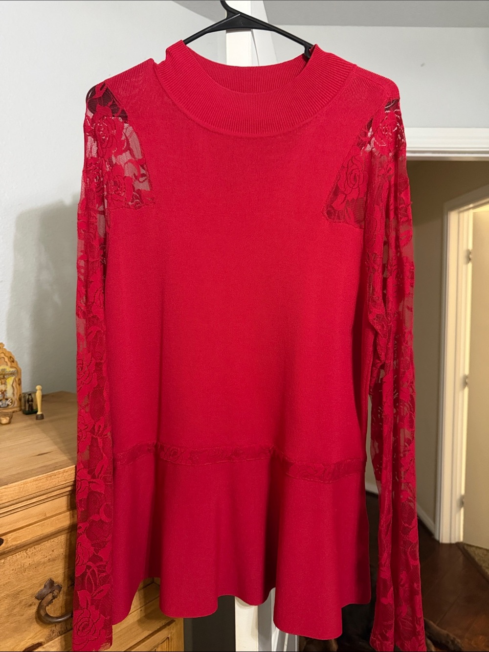 INC International Concepts Red Lace-Sleeve Peplum Sweater